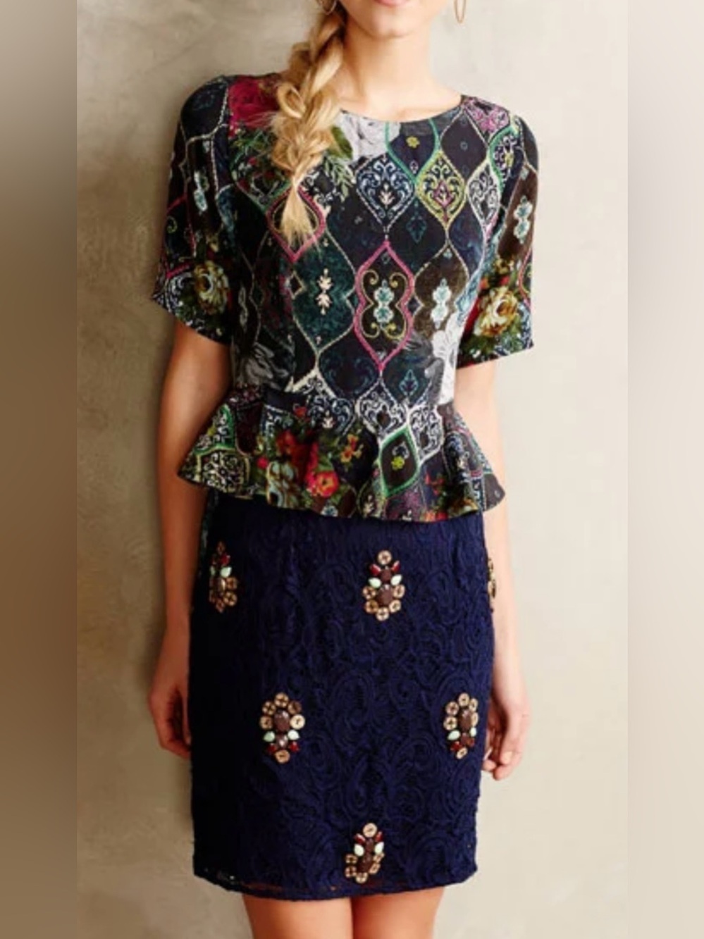 HEMANT & NANDITA Embellished printed peplum dress Multicolor Size 0. A1